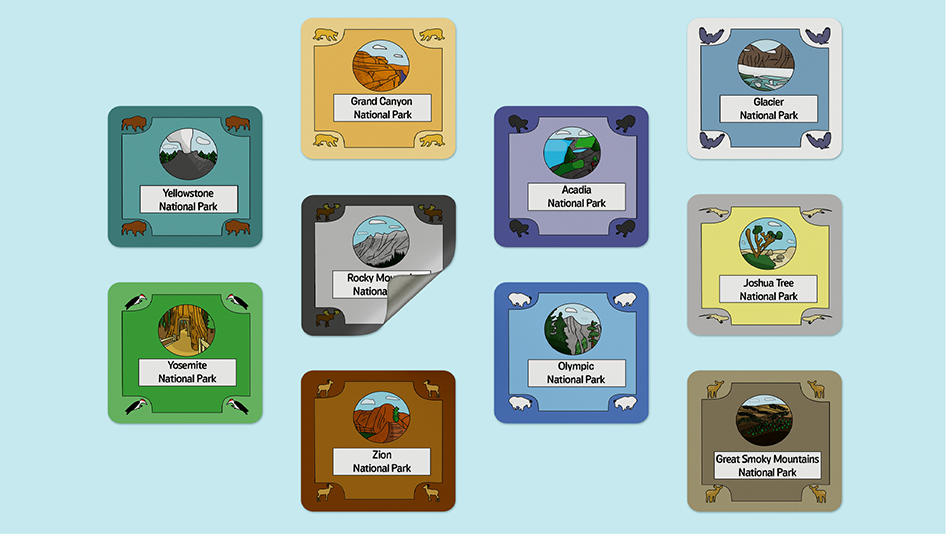 Different colored stickers showing different spots of the national parks with the name of the national park in the middle and a animal from the park in the corners